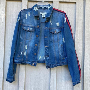 Almost Famous Crave Fame Distressed Denim Jacket Medium, Red Blue Racing Stripes